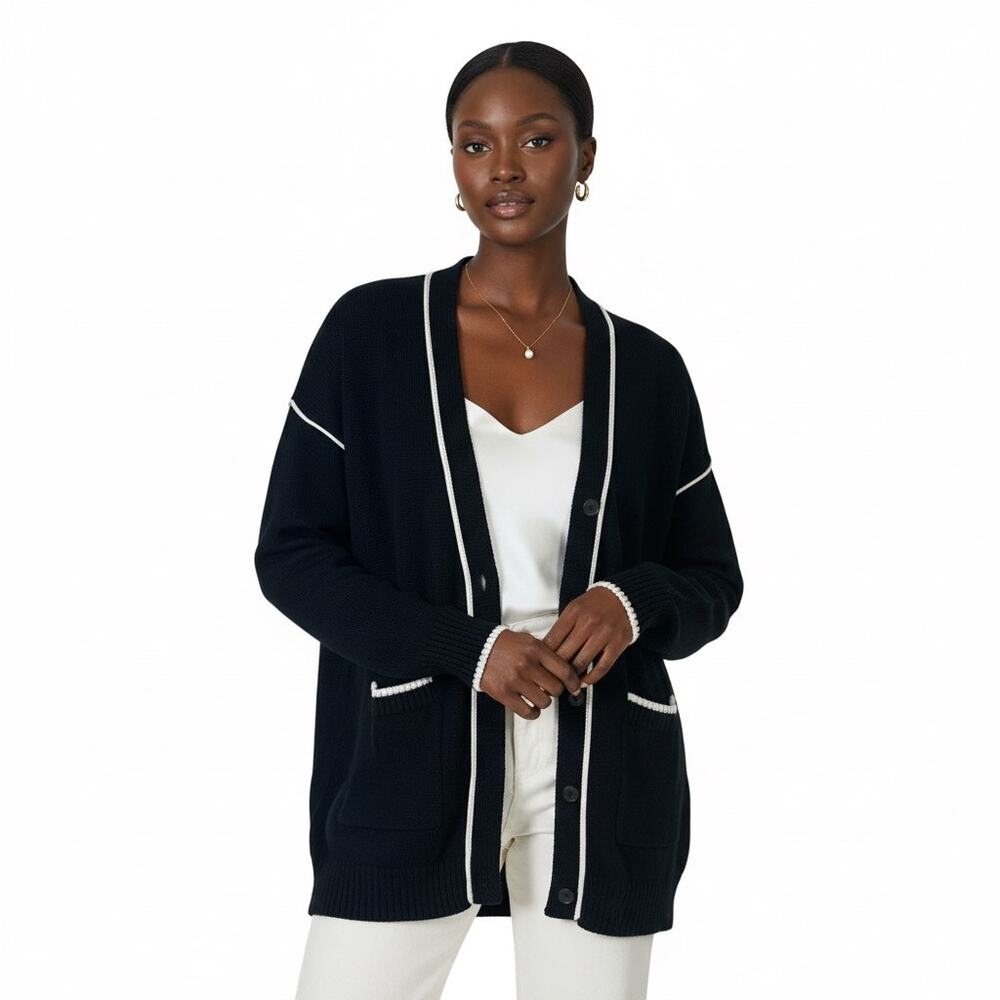 Cabi V-Neck Chore Cardigan Womens M Black White Oversized Preppy Old Money